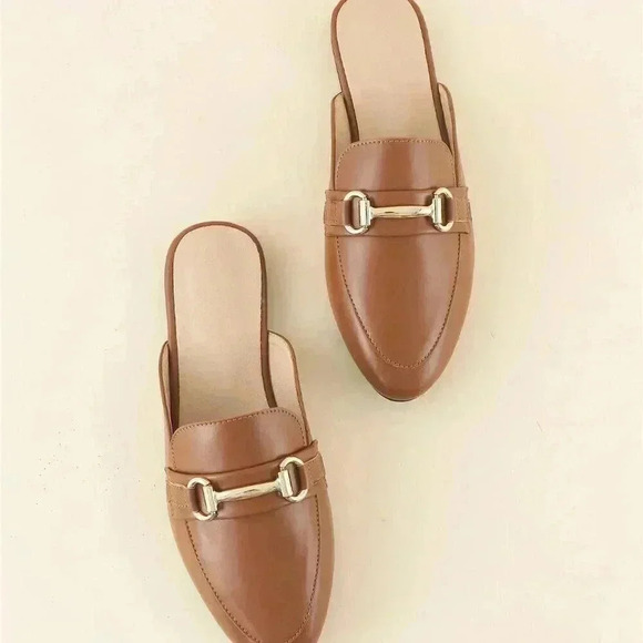 Brown Elegant Women's Metal Decor Flat Mules - Picture 7 of 8